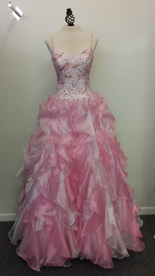 Unique Spaghetti Straps Pink Organza Ruffles Beaded ALine Birthday Party Dress Long Evening Gown