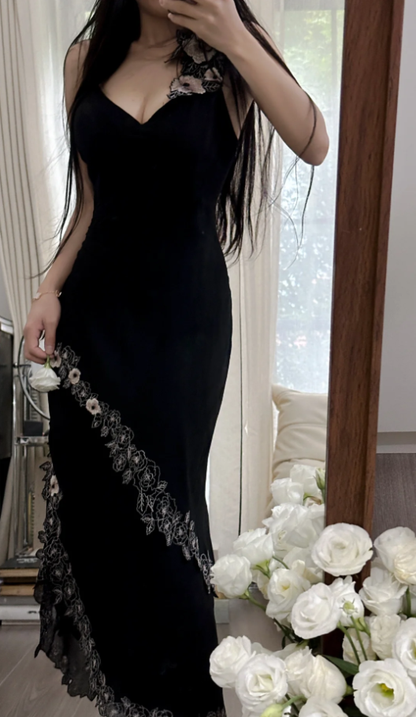 Fashion Spaghetti Straps Black Satin Mermaid Long Party Dress Prom Gown With Appliques