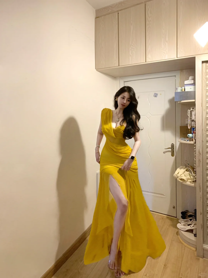 Sexy Mermaid Slit Yellow Chiffon Long Prom Gown Party Dress  SP299