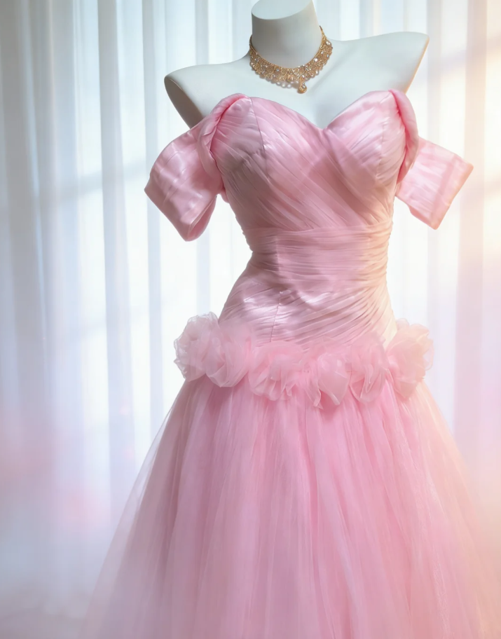 Elegant Off The Shoulder Pink Satin Tulle Long Birthday Party Dress Prom Dress SP1572