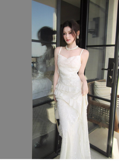 Shiny Spaghetti Straps Light Apricot Sequin Ruffles Mermaid Long Wedding Guest Dress Formal Birthday Prom Dress Party Gown SP1496