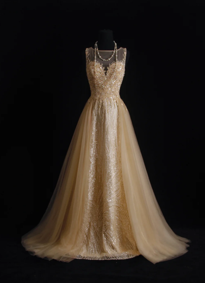 Luxurious Champagne Sleeveless Tulle Beaded Mermaid Long Birthday Party Dress Evening Gown