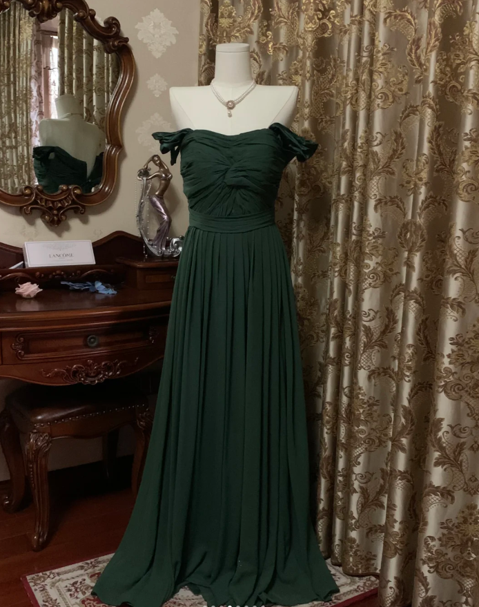 Vintage Green Off The Shoulder Satin Pleated Long Wedding Guest Dress Party Dress Prom Gown