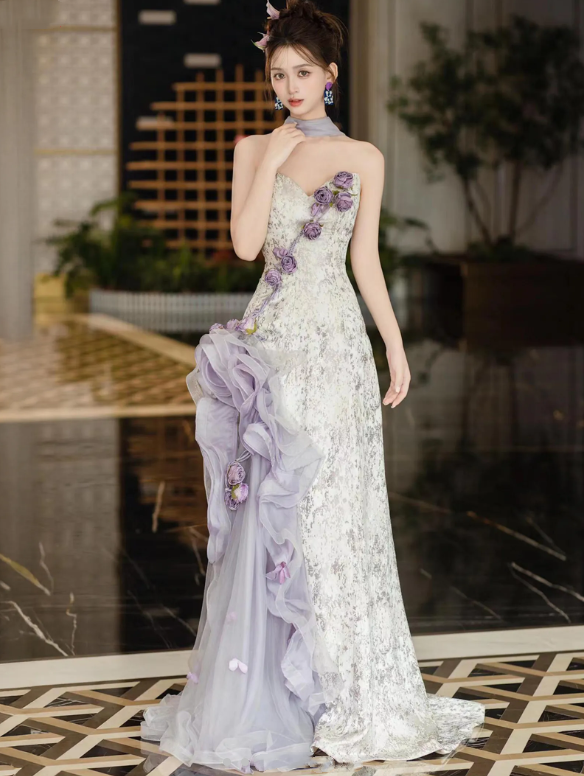 Glamorous Strapless Purple Satin Tulle Mermaid Prom Dress Evening Dress With Flowers Y8601