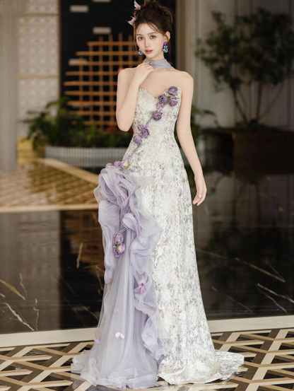 Glamorous Strapless Purple Satin Tulle Mermaid Prom Dress Evening Dress With Flowers Y8601