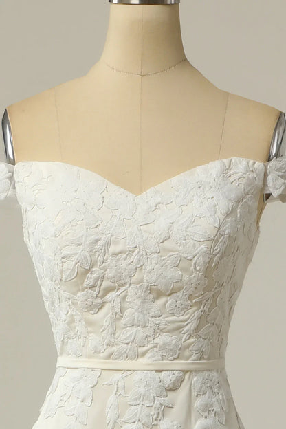 Decal fish tail sleeveless off shoulder white and ground length off back wedding dress