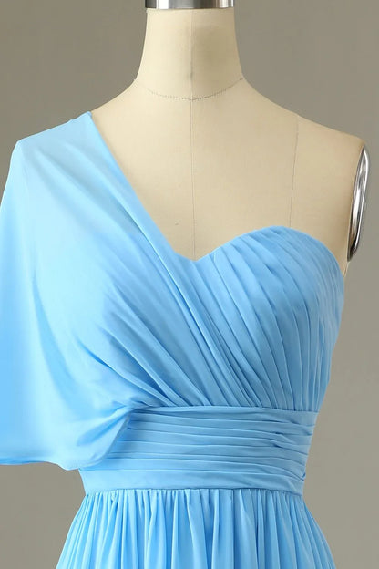 One shoulder blue bridesmaid dress