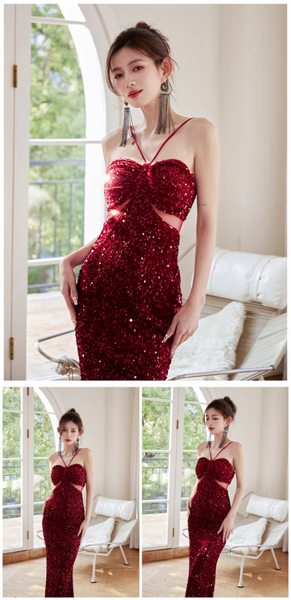 Glitter Blue Sequin Mermaid Long Wedding Guest Dress Formal Evening Dress Party Gown