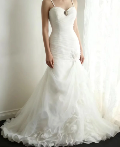 Charming Spaghetti Straps White Irregular Satin Organza Mermaid Princess Wedding Dress Long Bridal Gowns