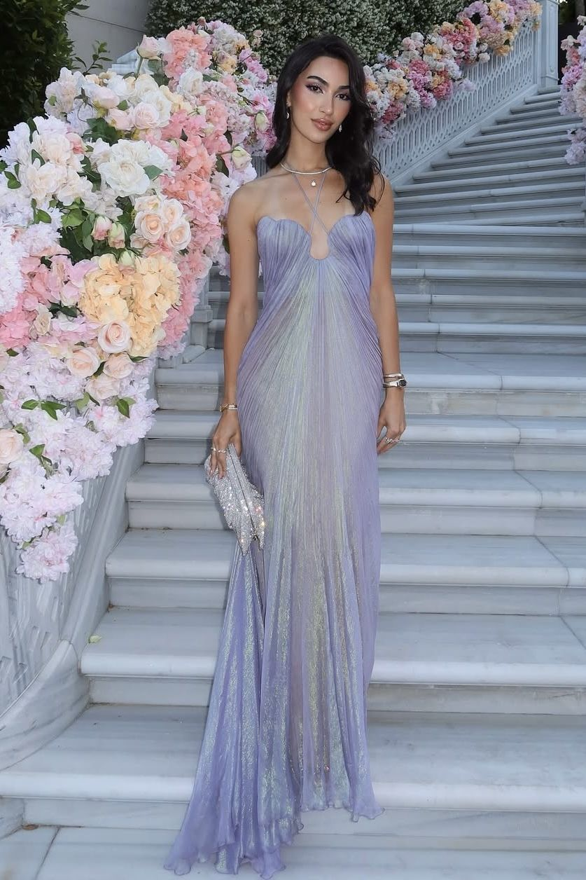Classy Halter Purple Tulle Pleated Mermaid Long Party Dress Formal Wedding Guest Dress SP1160