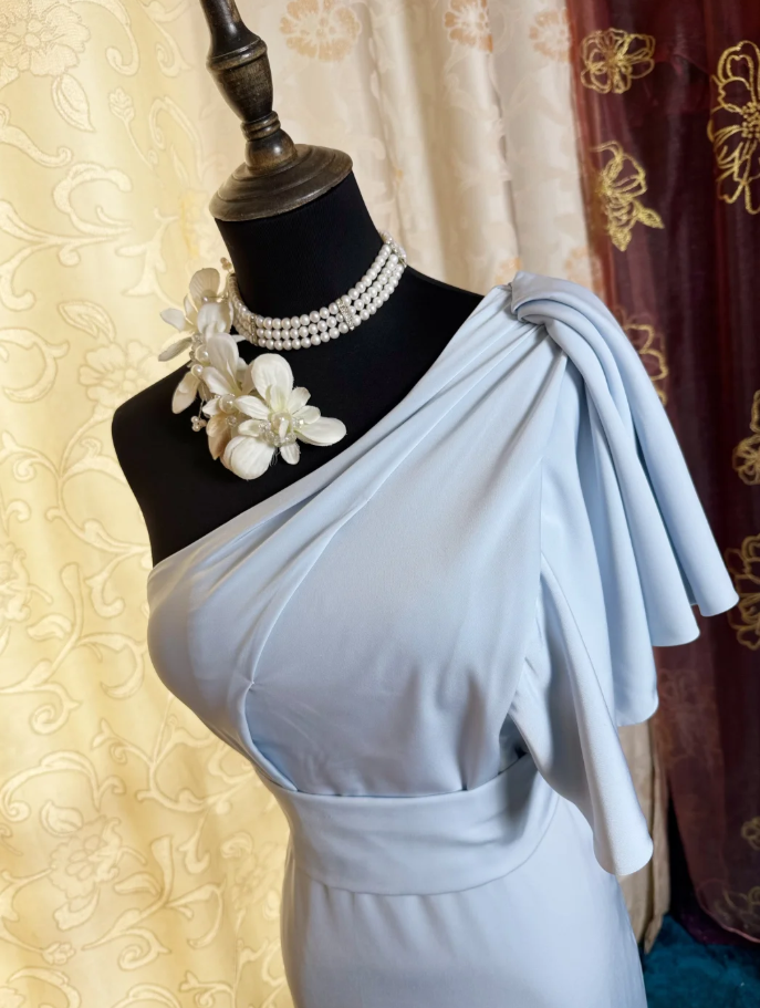 Classy One Shoulder Haze Blue Satin Pleated Mermaid Long Wedding Guest Dress Formal Birthday Evening Dress SP1618