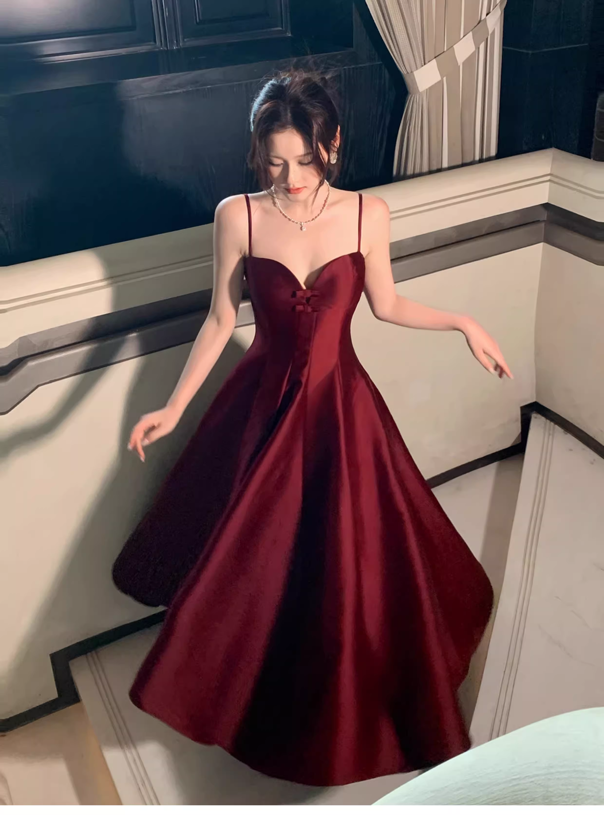 Elegant Burgundy Spaghetti Straps Satin A Line Long Party Dress Formal Wedding Guest Dress SP1493