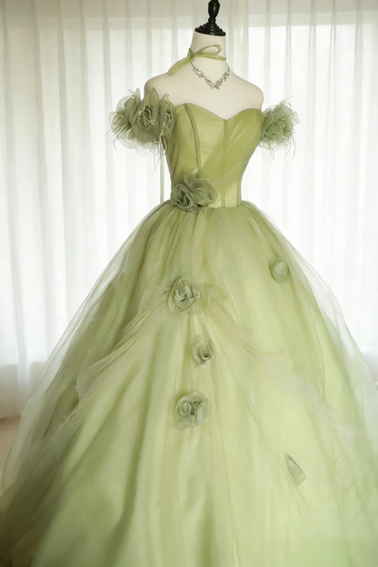 Pretty Quinceanera Dress Off The Shoulder Green Tulle 3D Flowers Ball Gown Sweet 16 Dress SP2031