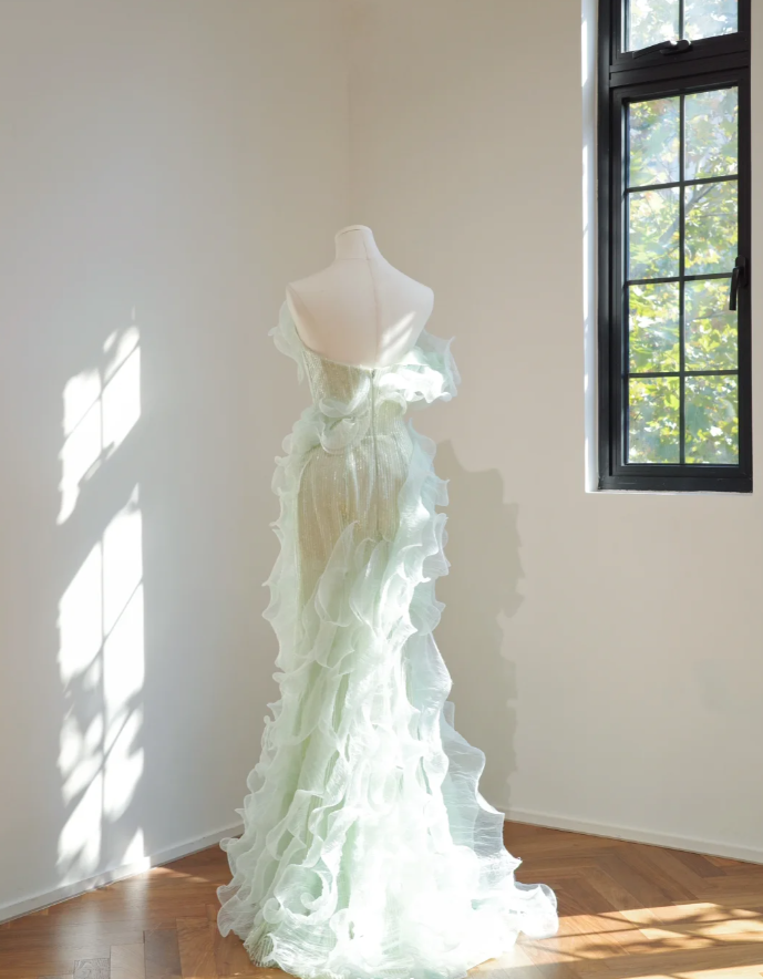 Chic Mint Green Strapless Sequin 3D Tulle Ruffles Mermaid Long Evening Dress Party Gown