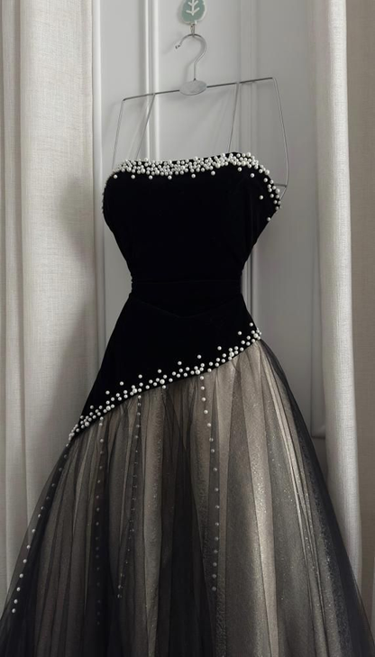 Elegant Strapless Royal Blue Velvet Tulle Beaded Long Party Dress Formal Birthday Prom Gowns SP2048