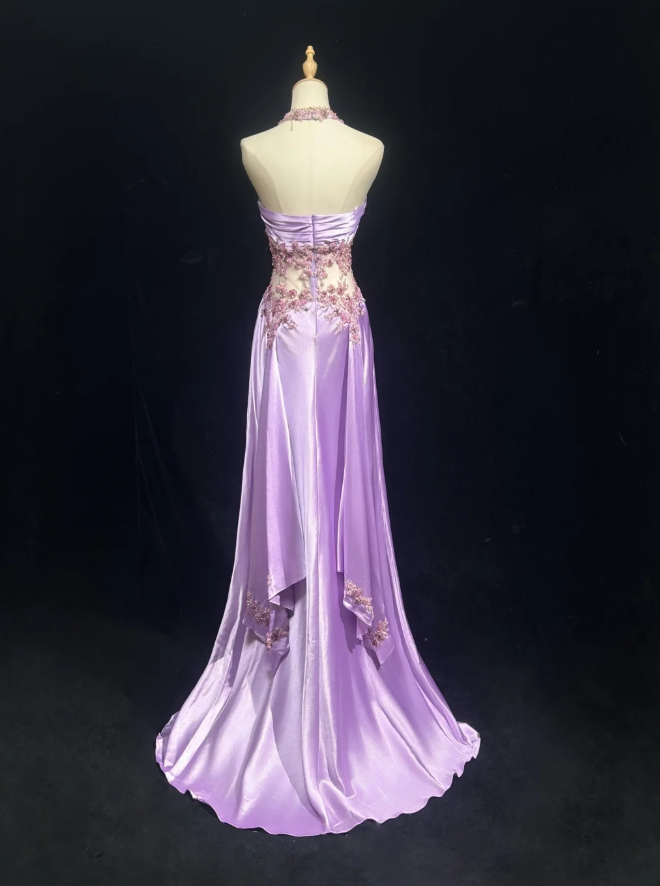 Pretty Halter Lavender Satin Beaded Mermaid Long Prom Dress Evening Dress SP1382