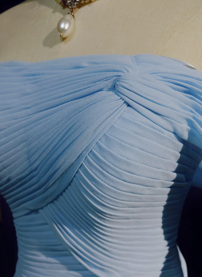 Classy Sky Blue One Shoulder Chiffon Pleated Mermaid Party Dress Long Wedding Guest Dress Evening Gown