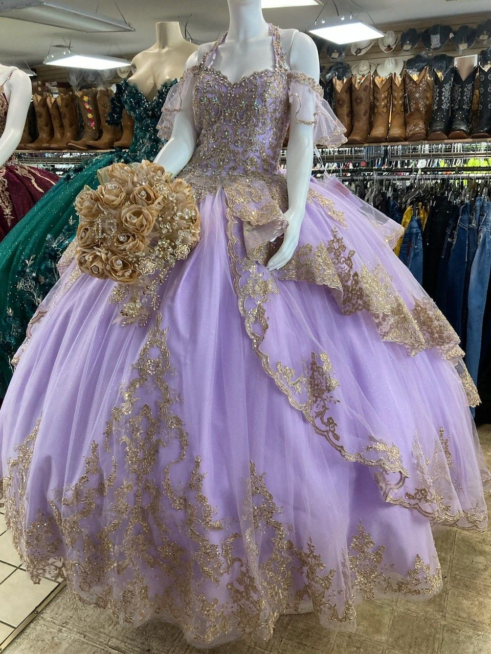 Lilac and Gold Lace Quinceanera Dress Ball Gown For Sweet 15 16 cc740