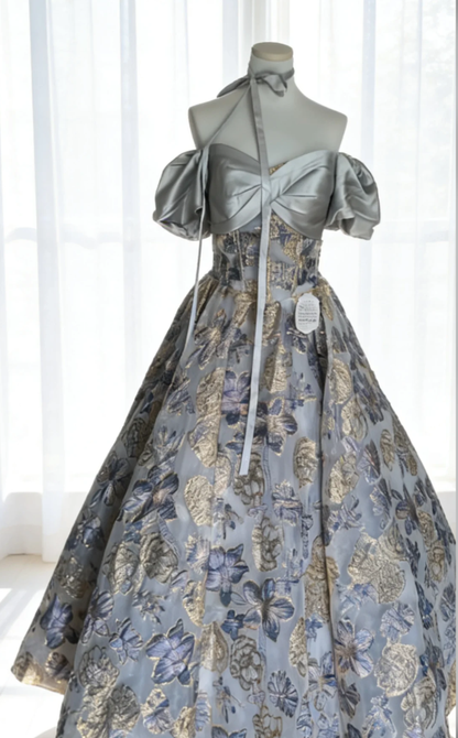 Charming Purple Satin Print Floral Ball Gown Off The Shoulder Formal Quinceanera Dress SP1634
