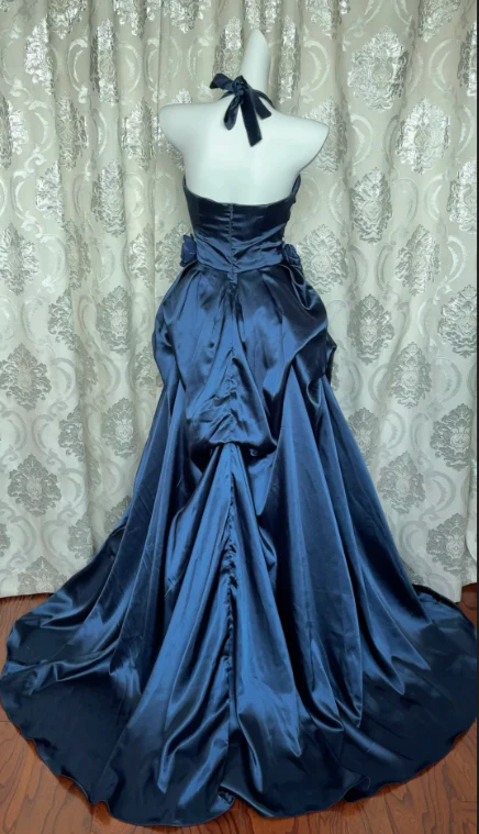 Retro Halter Navy Blue Satin Pleated Ball Gown Long Party Dress