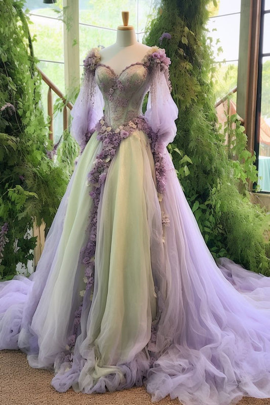 A Line Princess Floral Wedding Dresses Lace Applique Sweetheart Tulle Bridal Gowns