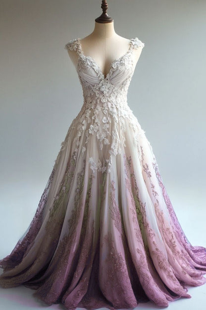 A-Line Straps Tulle Beaded Long Prom Dresses Applique Sweetheart Neck Prom Gowns