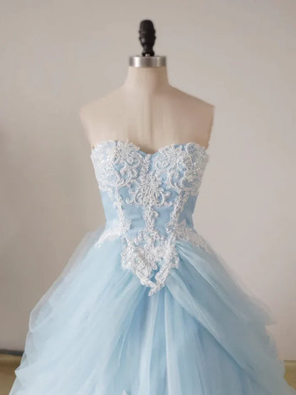 A-line lace chicken heart collar blue long ball dress