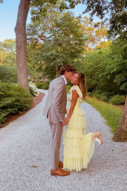 Yellow Fashion Square Neck A-Line Multi-Layered Long Tulle Ball Gowns Prom Dresses