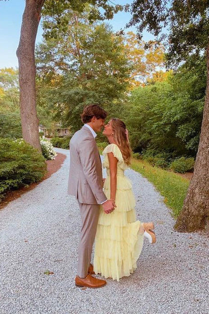 Yellow Fashion Square Neck A-Line Multi-Layered Long Tulle Ball Gowns Prom Dresses