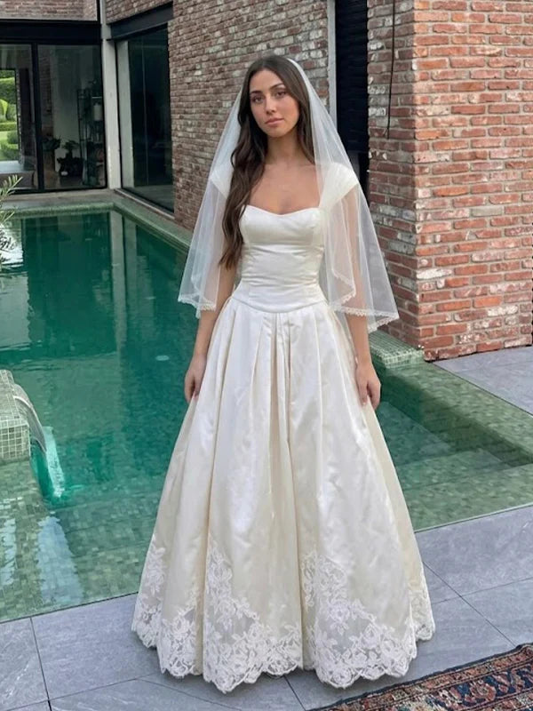 Vintage Ivory Satin Sweetheart Cap Sleeves Lace Hem A-Line Wedding Dress TP5814