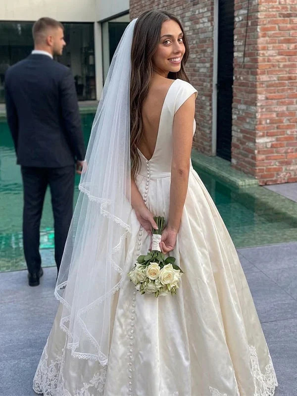 Vintage Ivory Satin Sweetheart Cap Sleeves Lace Hem A-Line Wedding Dress TP5814