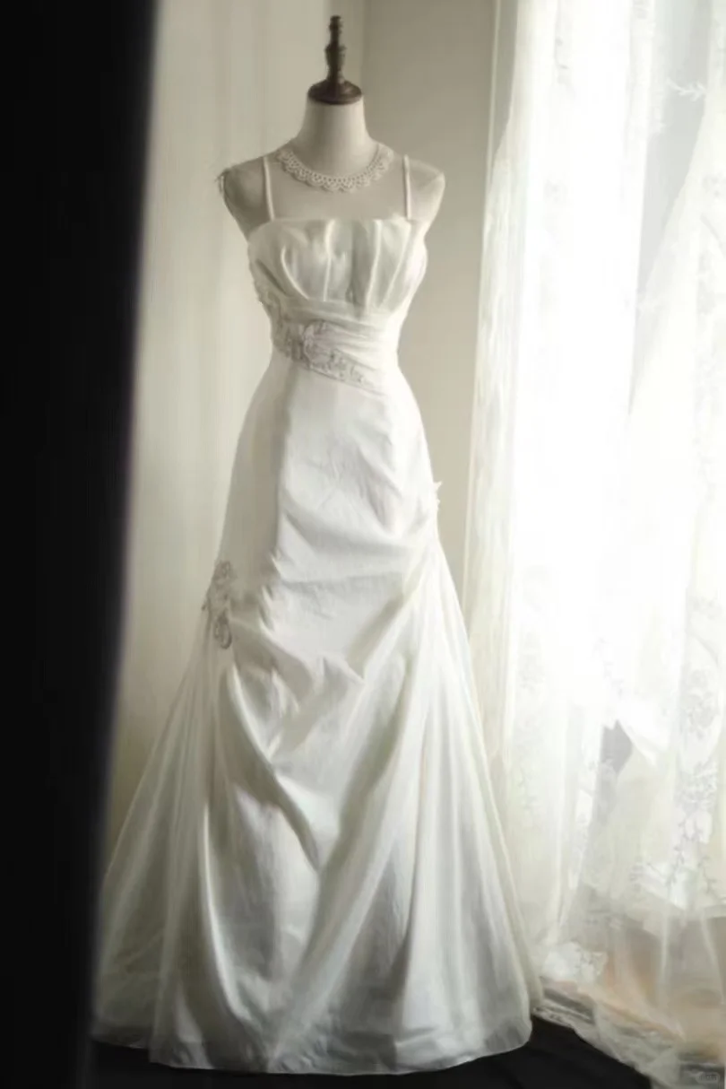 Elegant Satin Spaghetti Strap Beaded Draped A-Line Prom Dress TP5629