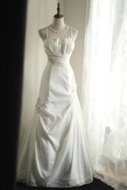 Elegant Satin Spaghetti Strap Beaded Draped A-Line Prom Dress TP5629