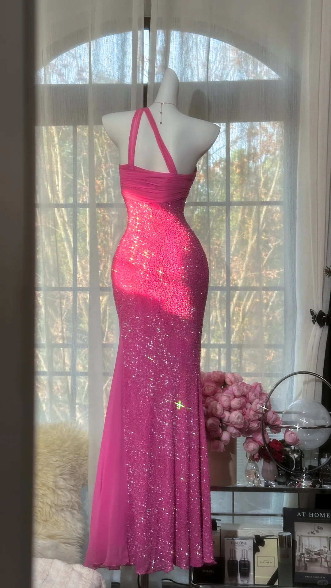 Sparkly Hot Pink Mermaid Evening Gown One-Shoulder Sequin Floor-Length Prom Dress TP5743