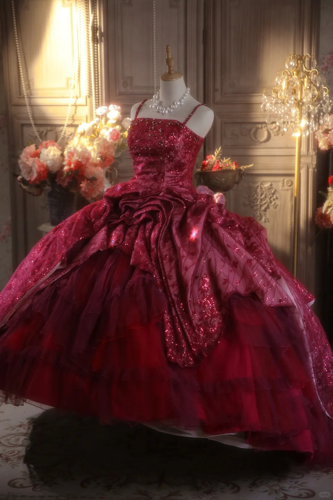 Glamorous Burgundy Sequin Ruffled Tiered Spaghetti Strap Sweet 15 Quinceanera Ball Gown TP5545