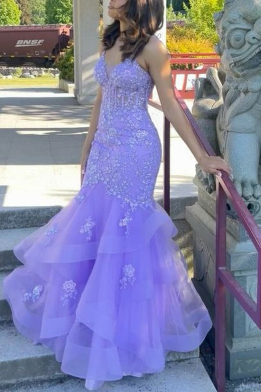 girlhomeshops-Purple Floral Fishtail Long Mermaid Slim Graduation Dress Prom Dress gh5861