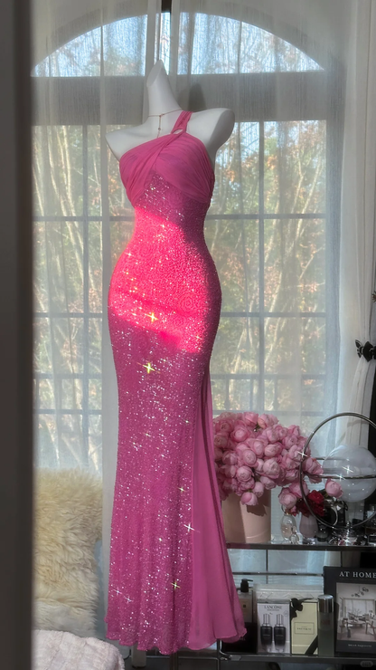 Sparkly Hot Pink Mermaid Evening Gown One-Shoulder Sequin Floor-Length Prom Dress TP5743