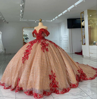 Red champagne gorgeous shiny applique long ball gown evening dress gh3113