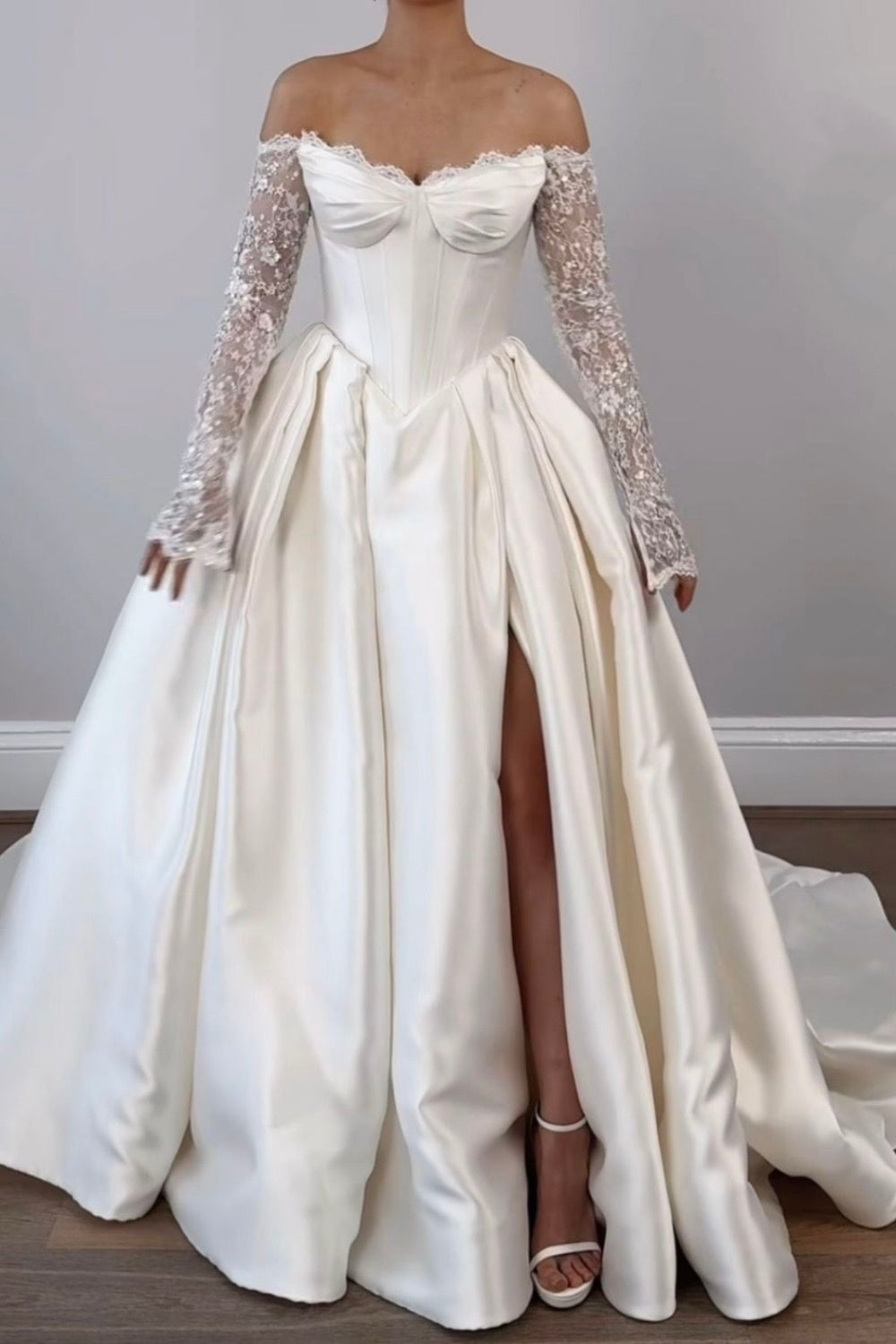 girlhomeshops-White, stylish long-sleeved lace dress with slit and off-shoulder design, perfect for brides and wedding gowns. gh6223