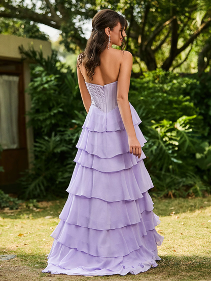 Vintage Strapless Tiered Ruffled Chiffon Sheath High Slit Evening Gown TP5427
