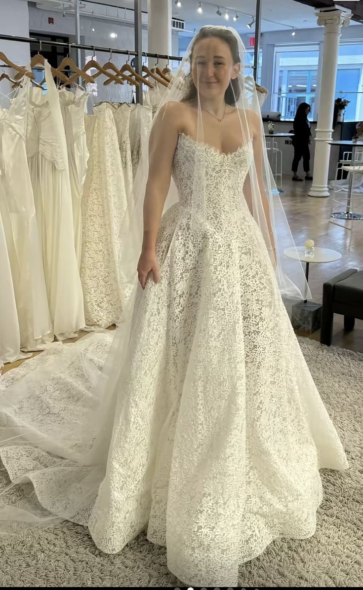 Gorgeous Strapless Lace A-Line Sweetheart Cathedral Train Wedding Dress TP5764