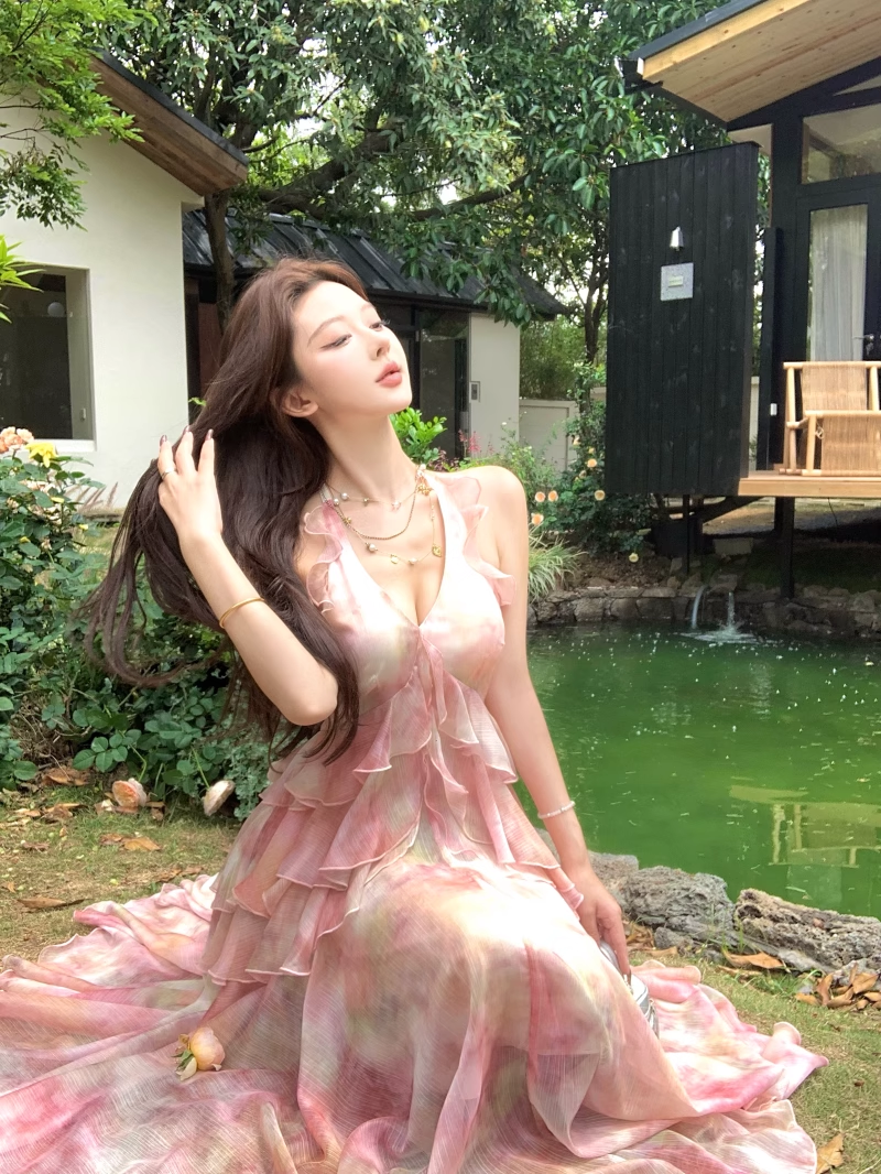 New Fashion Pink Floral Design A-line Beach Holiday Halter Dress TP3614