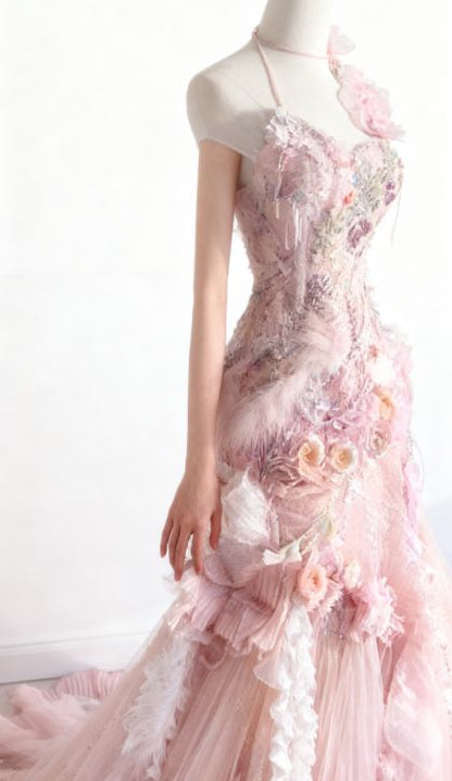 Vintage Pink Mermaid 3D Floral Tulle Fairy Dress Evening Gown TP5423