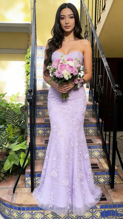 Vintage Lilac Strapless Mermaid Prom Gown Floral Lace Applique Evening Dress TP5715