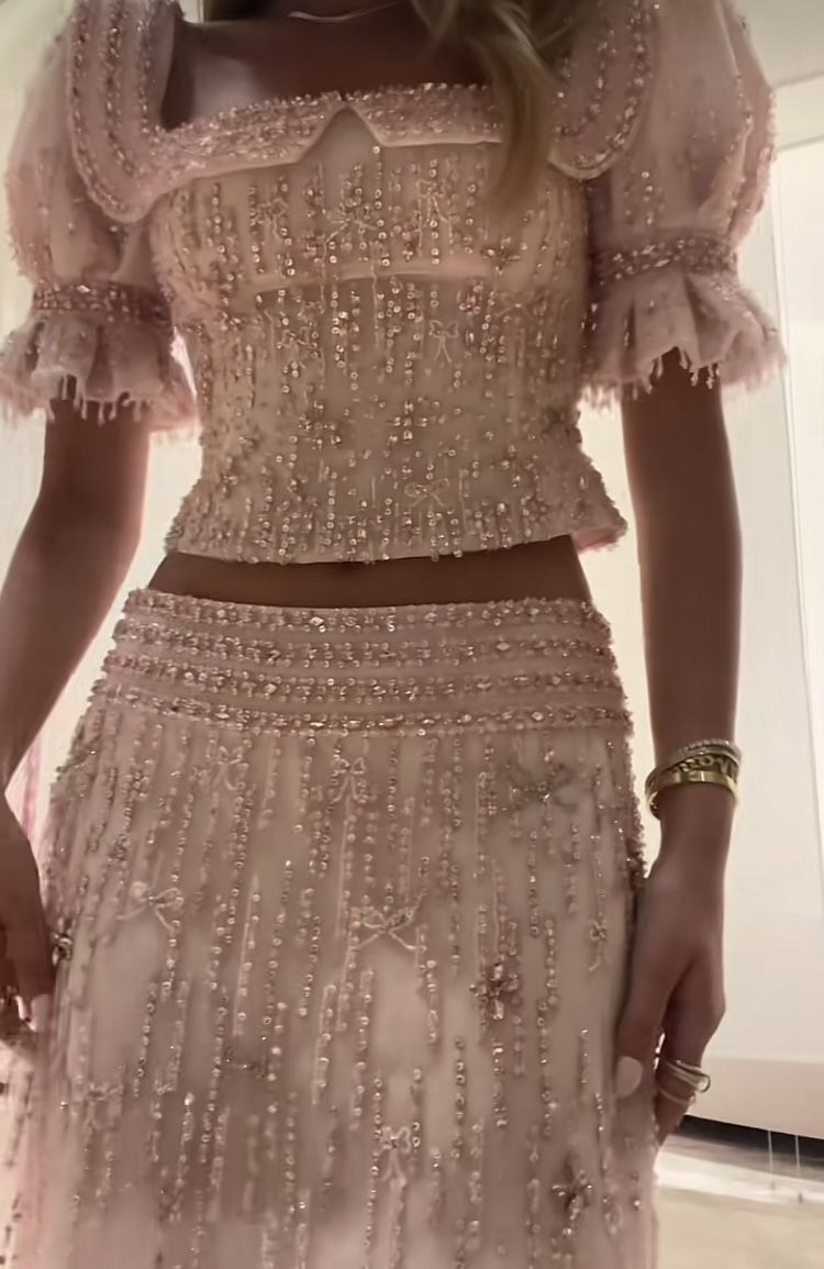 Short-Sleeve Pink Tulle Beaded Two-Piece Gown | Sweet Luxury Square Neck Cutout Maxi Dress for Gala Gathering gh6465