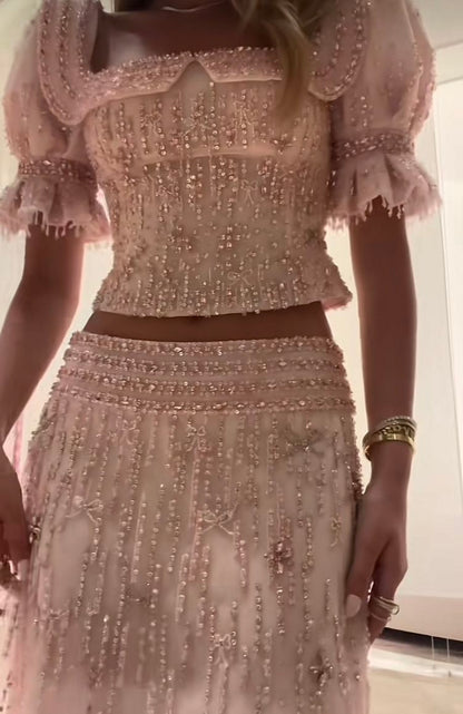 Short-Sleeve Pink Tulle Beaded Two-Piece Gown | Sweet Luxury Square Neck Cutout Maxi Dress for Gala Gathering gh6465