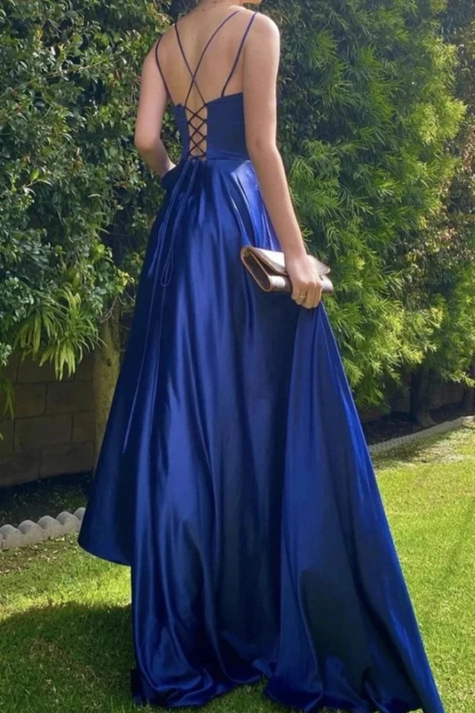 Royal Blue Long Back Thin Shoulder Strap Prom Dress