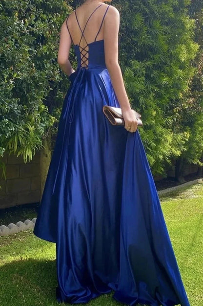 Royal Blue Long Back Thin Shoulder Strap Prom Dress