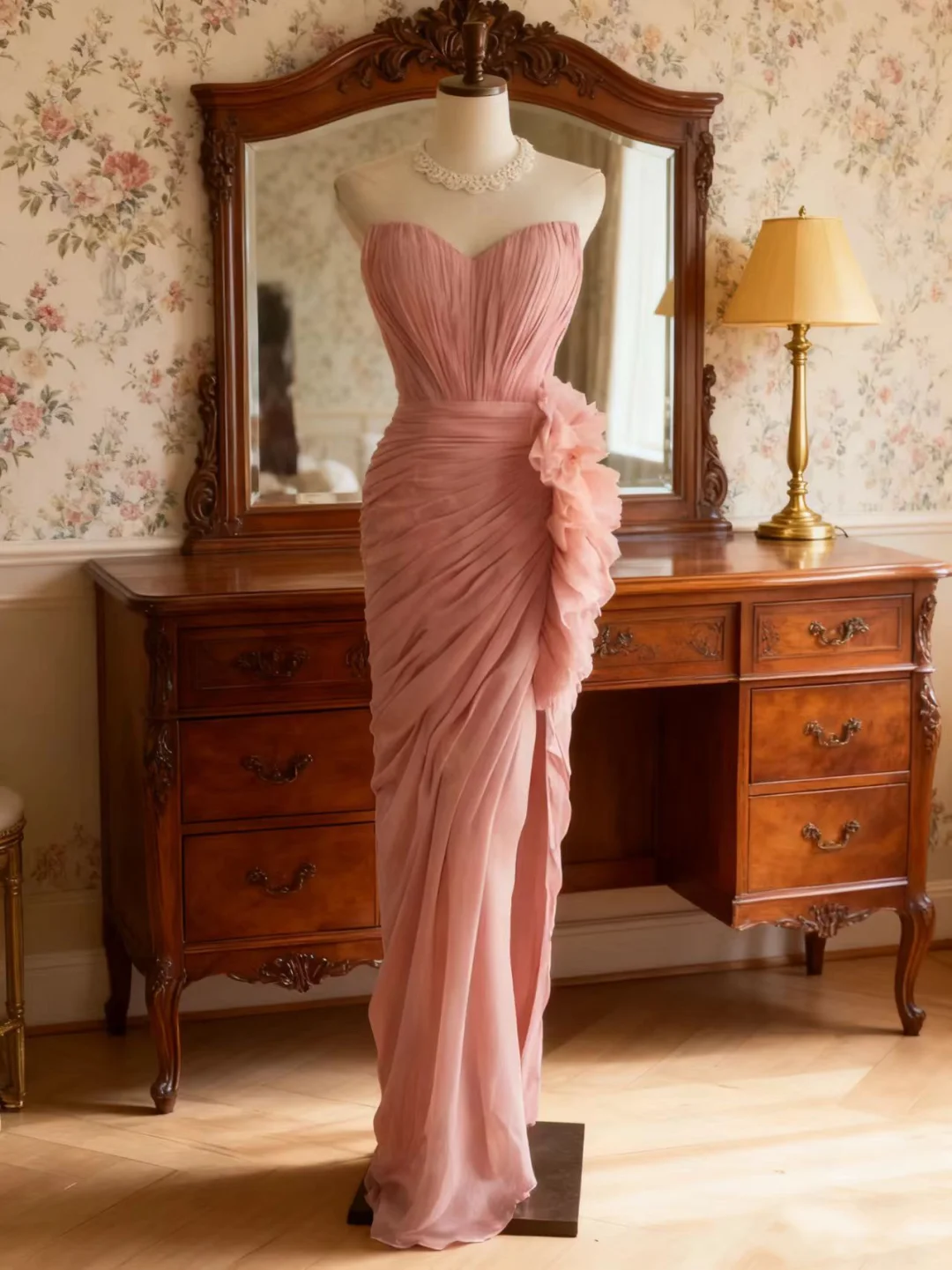 Vintage Pink Strapless Chiffon Gown Ruffled Prom Dress TP5648