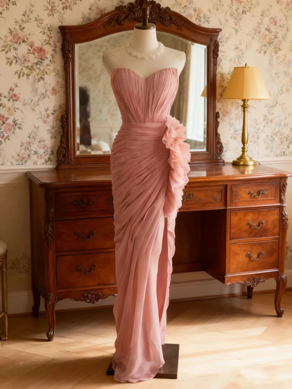 Vintage Pink Strapless Chiffon Gown Ruffled Prom Dress TP5648